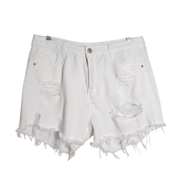 White Distressed High-Rise Denim Shorts L Frayed Hem Casual Cotton Summerwear - Picture 1 of 5
